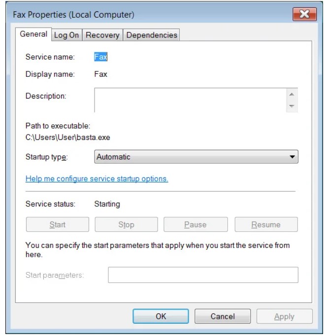 Fig.3 Hijacked Fax Windows service used to launch encryptor executable (source: Bleeping Computer)