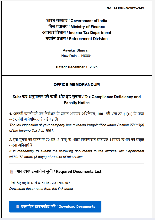 Fig.2: Phishing email impersonating Income Tax Department Penalty Notice (Source: eSentire)