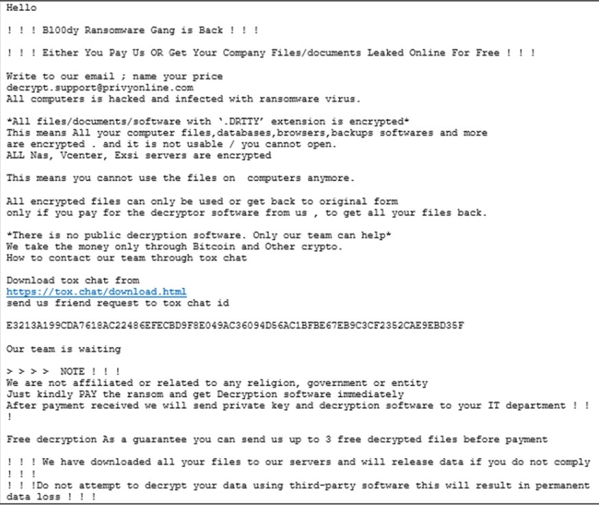 Bl00dy Gang Ransom Note [Source: CISA]