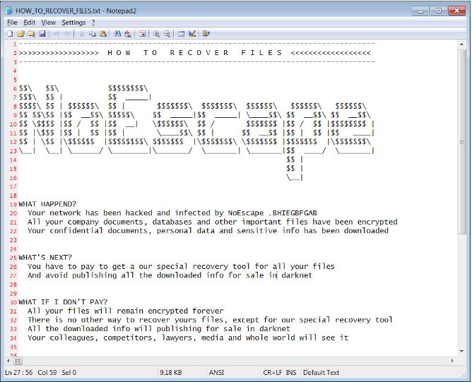 Fig.3 NoEscape ransom note (Source: BleepingComputer)