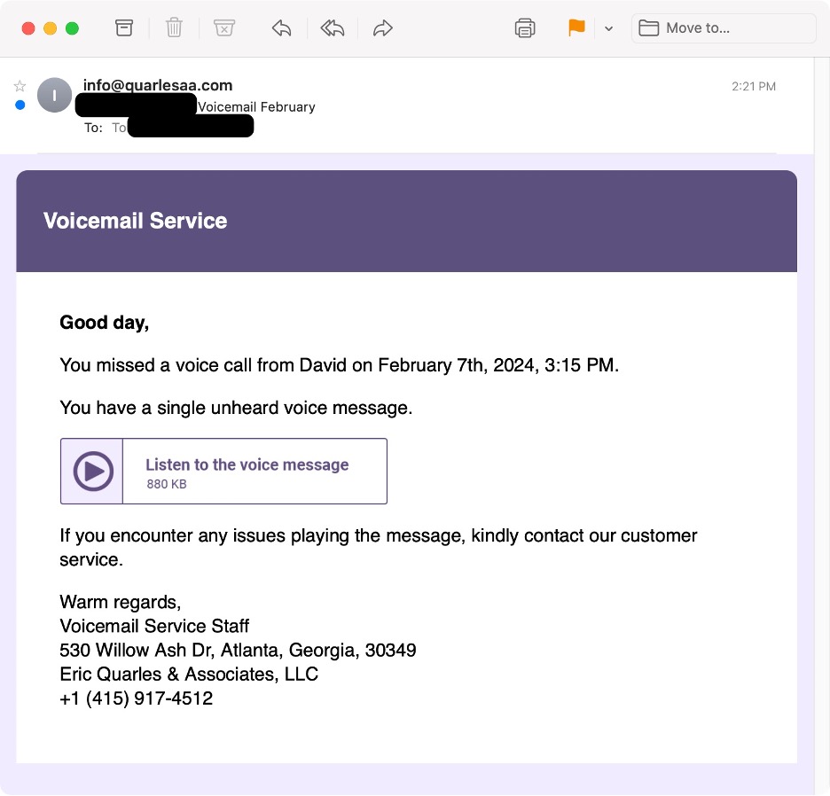 Fig-1: Screenshot of the Voicemail email (Source: proofpoint)