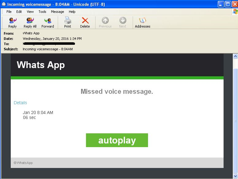 Delivering malware as a fake WhatsApp content in emails as shown below.